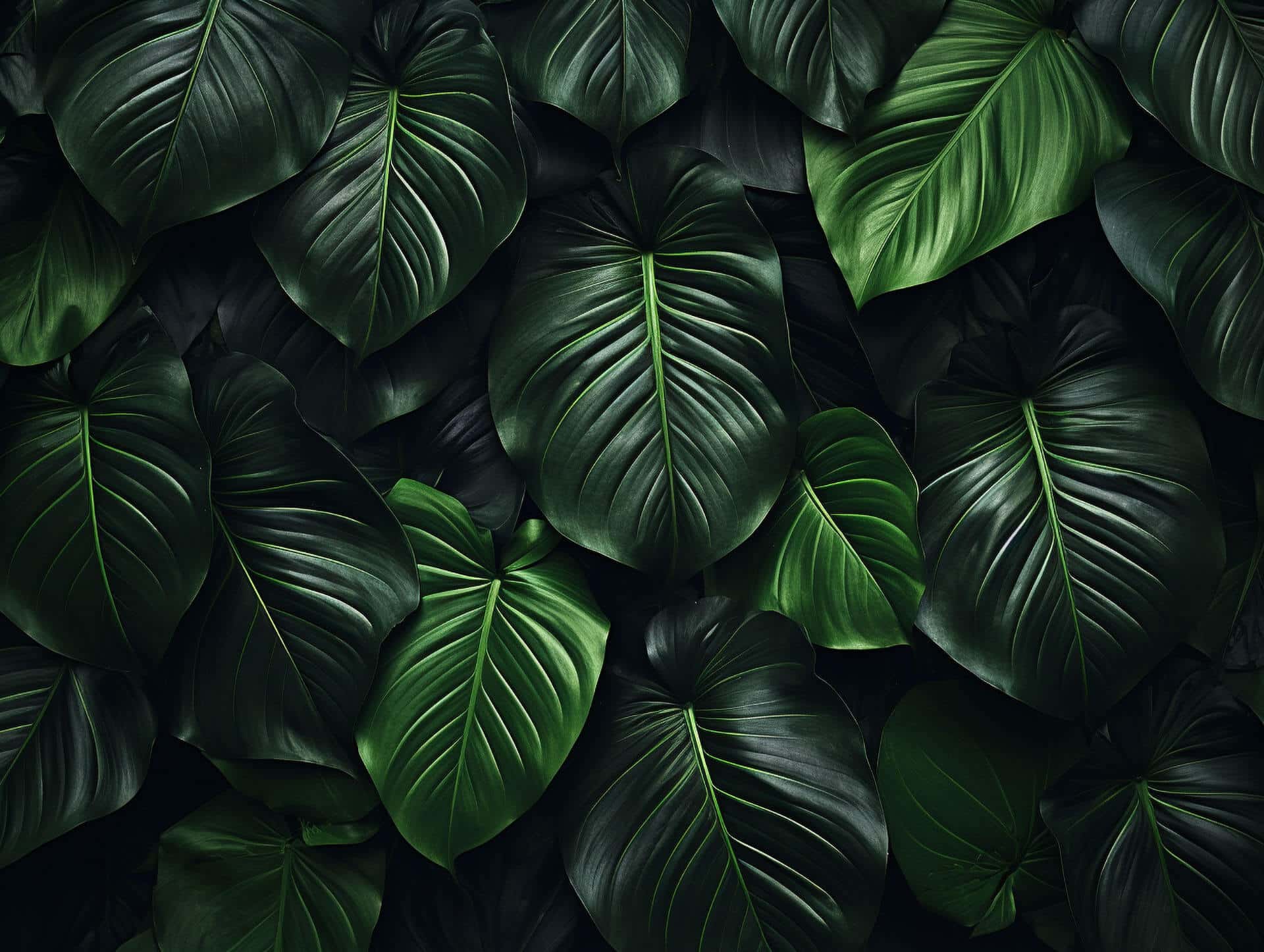 Крупный план пышных, накладывающихся друг на друга зеленых тропических листьев с заметными прожилками, создающих плотный, фактурный природный узор. Крупный план пышных, накладывающихся друг на друга зеленых тропических листьев с заметными прожилками, создающих плотный, фактурный природный узор.