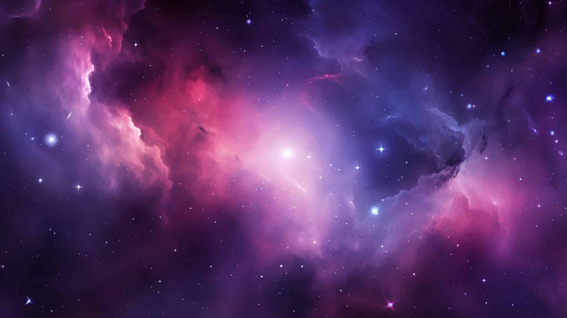 Яркая космическая сцена с разноцветными облаками туманности в оттенках фиолетового, розового и голубого, яркими звездами, разбросанными повсюду, и сияющим белым светом в центре. Яркая космическая сцена с разноцветными облаками туманности в оттенках фиолетового, розового и голубого, яркими звездами, разбросанными повсюду, и сияющим белым светом в центре.